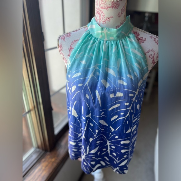 Vineyard Vines Aqua Blue white printed cotton-silk tie halter top size 2 - Picture 5 of 10